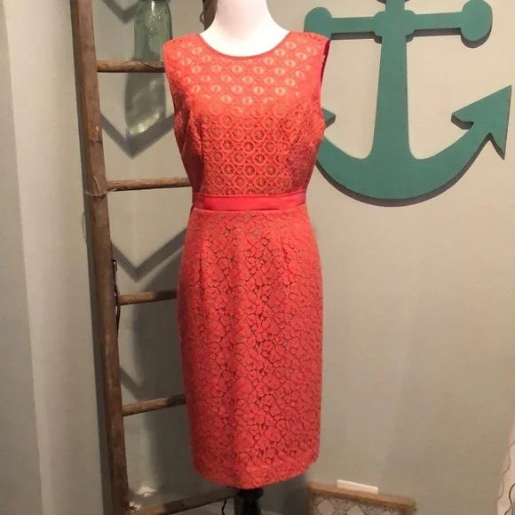 knee length dresses for ladies BCBGMAXAZRIA Maryella Deep Coral Pleat and Lace Dres – Runway Catalog main image 0